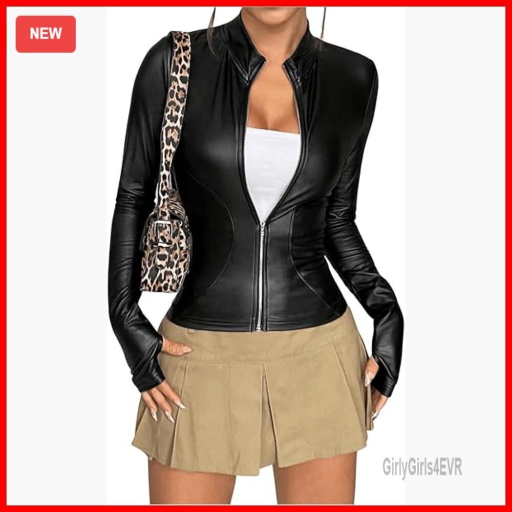 Faux Leather Jacket Fleece Lined Mock Neck Zip Up Winter Coat